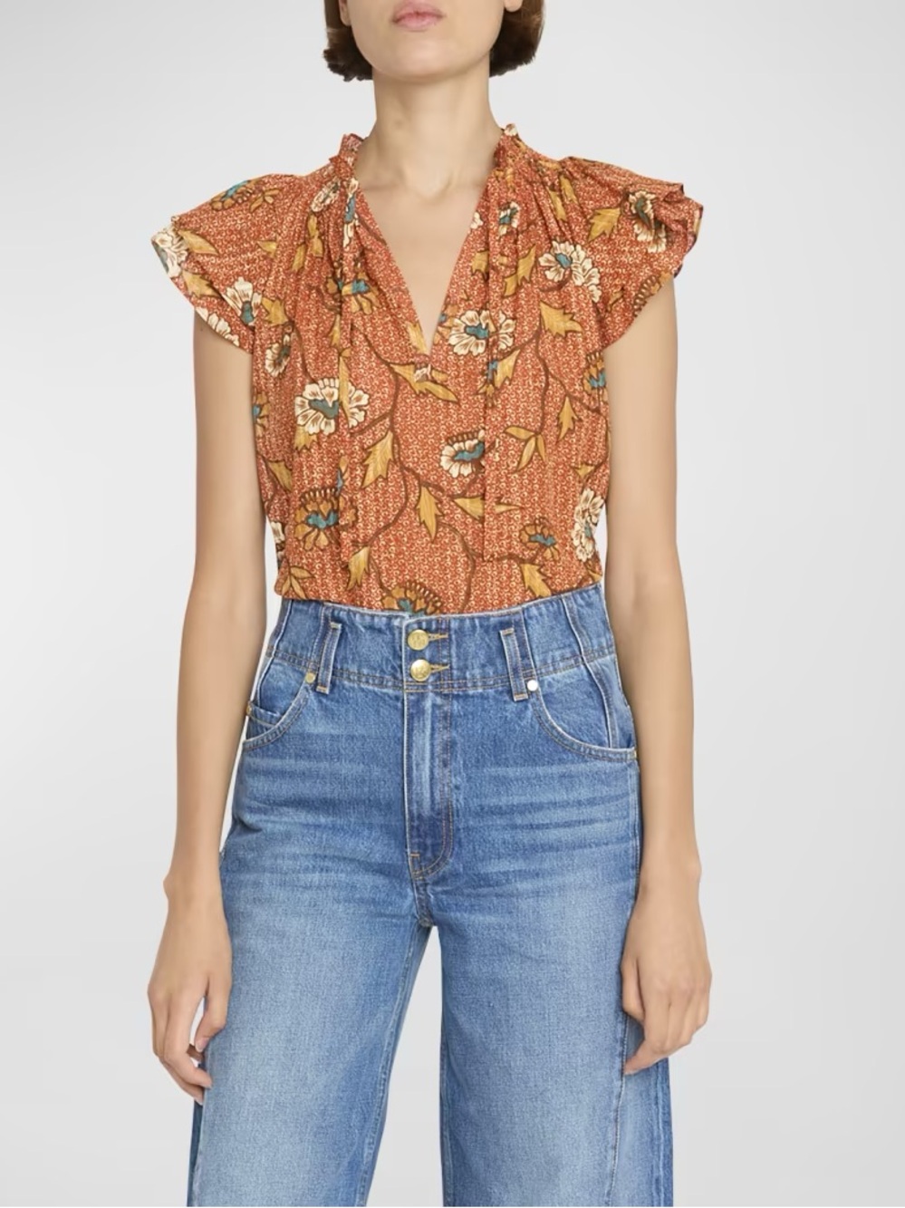 Ulla Johnson Annie Floral Split-Neck Flutter-Sleeve Crepe Top in Amaryllis